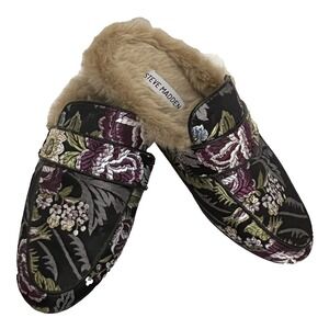 Steve Madden Kaden Mules Women 7.5 Black Floral Brocade Faux Fur Lined KADE01S1